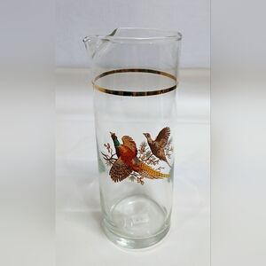Vintage Glass Cocktail Pitcher with Pheasant Design and Gold Accent
